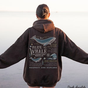 May include: A dark chocolate hoodie with a blue whale graphic on the back. The graphic includes facts about the blue whale, such as its size, speed, and lifespan. The text "Respect and Explore" is printed below the graphic.