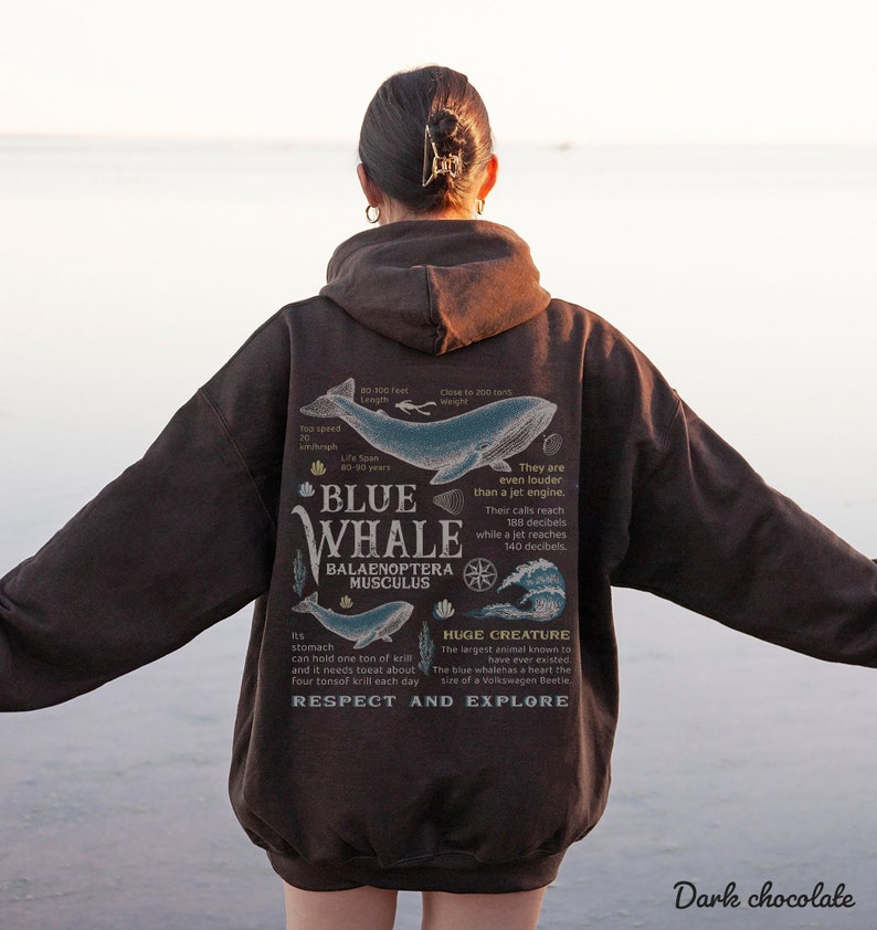 May include: A dark chocolate hoodie with a blue whale graphic on the back. The graphic includes facts about the blue whale, such as its size, speed, and lifespan. The text "Respect and Explore" is printed below the graphic.