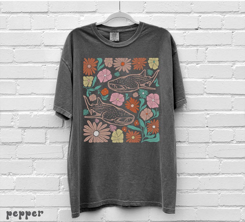 Vintage Bloom Whale Shark Tshirt, Comfort Colors Unisex Tee, Y2K