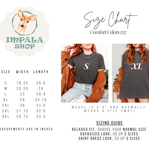 Puede incluir: Una tabla de tallas para camisetas Comfort Colors 1717 de Impala Shop. Muestra una tabla con tallas de la S a la 4XL, indicando anchos y largos en pulgadas. Dos im&aacute;genes muestran una camiseta color carb&oacute;n en talla S y XL, con texto del modelo.