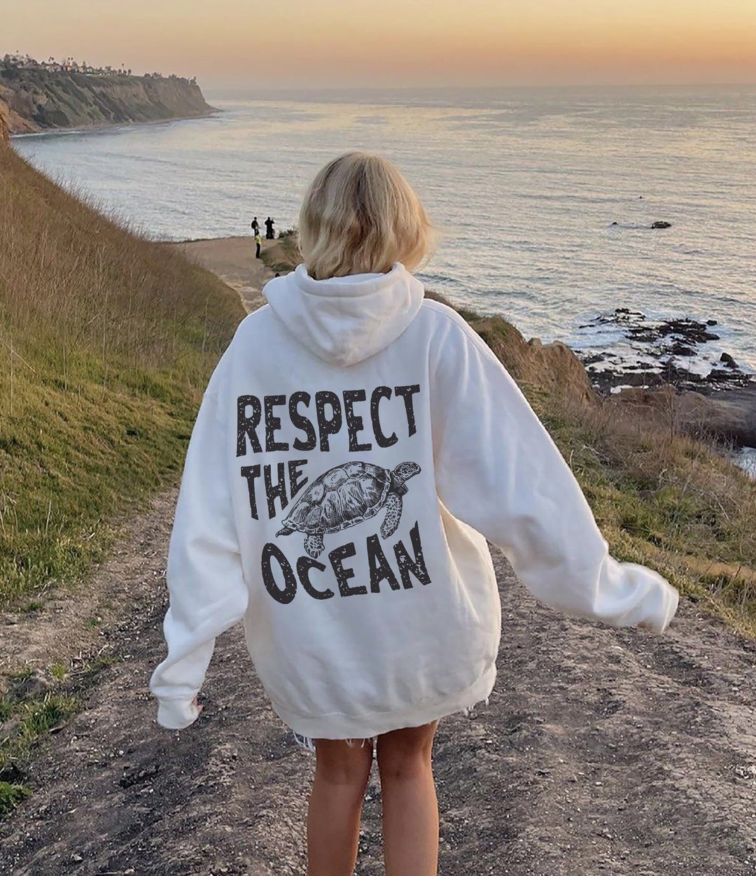 Respect The Ocean Hoodie - Ocean Surf Hoodie Words On Back Turtle Sweatshirt  Oversize Hoodie