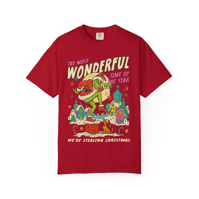 Camiseta navideña vintage de los 90 - Camiseta divertida de personajes navideños de Comfort Colors - Camiseta de vacaciones universales de Stealing Christmas Red