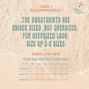 Puede incluir: Una tabla de tallas para una sudadera con capucha unisex Gildan 18500. El texto dice: ! SIZE ! RECOMMENDED ..THE SWEATSHIRTS ARE UNISEX SIZED ,NOT OVERSIZED.. FOR OVERSIZED LOOK; SIZE UP 2-3 SIZES. SIZE CHART. Medidas de largo, ancho y manga en pulgadas.