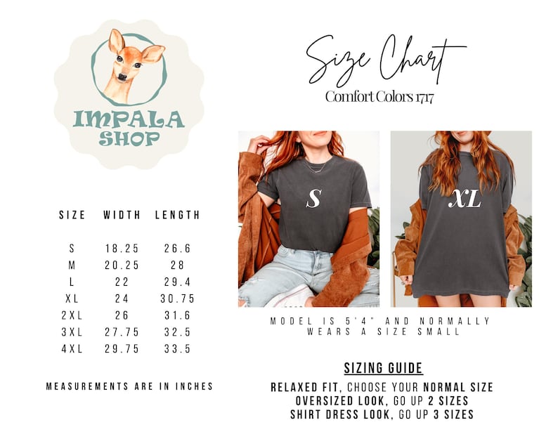 Puede incluir: Tabla de tallas para camisetas Comfort Colors 1717. Incluye medidas en pulgadas para las tallas S a 4XL. La imagen tambi&eacute;n muestra a una modelo que usa una talla S y proporciona orientaci&oacute;n sobre tallas.