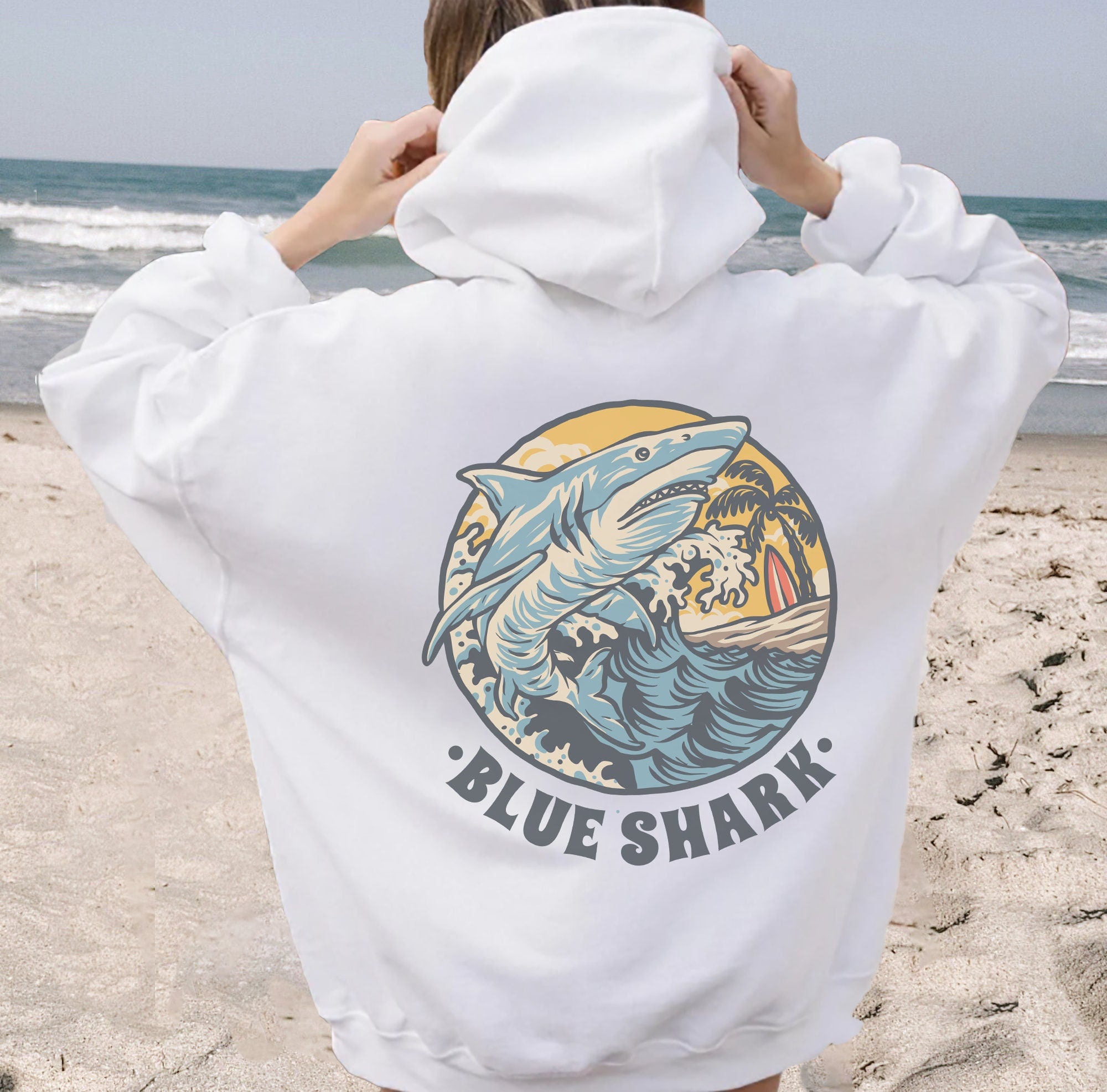 Shark hibiscus embroidered mens hoodie sale