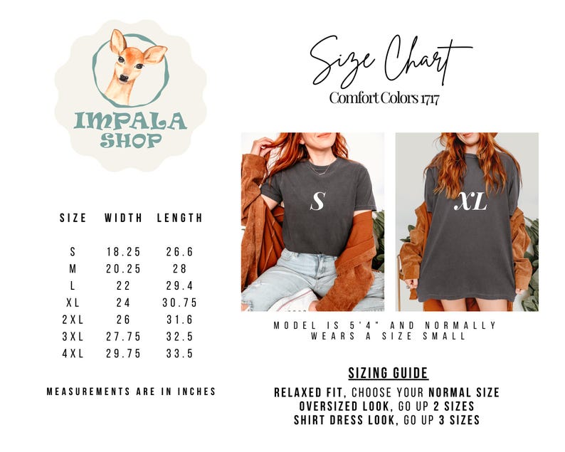 Pode incluir: Uma tabela de tamanhos para camisetas Comfort Colors 1717 da Impala Shop. A tabela lista os tamanhos de S a 4XL com medidas de largura e comprimento em polegadas. Inclui duas fotos mostrando uma camiseta no tamanho S e XL, e um guia de tamanhos.