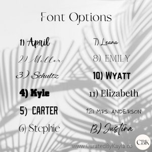 May include: A list of font options for names, including April, Miller, Schultz, Kyle, Carter, Stephie, Leana, EMILY, WYATT, Elizabeth, MRS. ANDERSON, and Justina. The text is displayed on a white background with a shadow of a leafy plant.