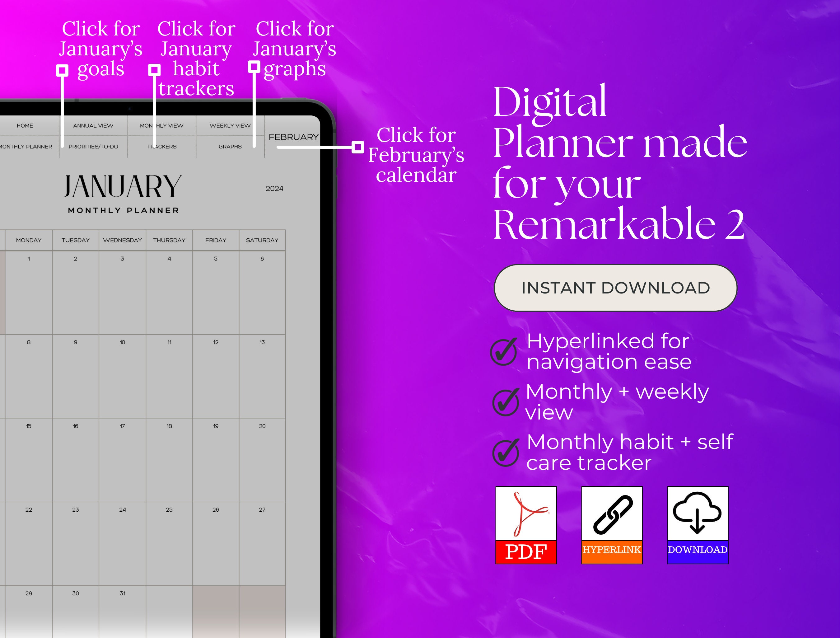 2024 Customisable Font Digital Planner, Remarkable 2 Template, Kindle