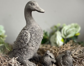 Concrete Duck Statue with Ducklings | Mama Duck & Ducklings Garden Statues | Duck Decoy | Duck Eggs Statue | Duckling Figurine