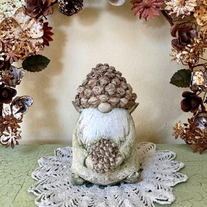 Pine Cone Hat Gnome Holding Pinecone | Fall Garden Gnome Concrete Statue | Cement Fairy Whimsical Gnome | Handmade Pixie Gnome