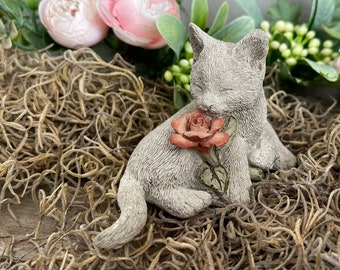 Concrete Cat With Rose Statue | Cat Statue | Handmade Cat Garden Statue | Sleeping Cat Statue | Cat Decor | Small Cat Statue | Cat Figurine