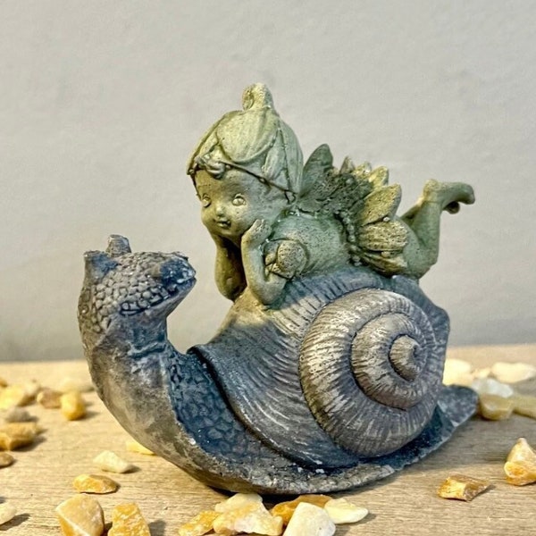 Concrete Fairy on Snail Garden Statue | Fairy Garden Statue | Fairy Garden Miniatures Snail Statue | Fairy Garden Accessories | Snail Statue