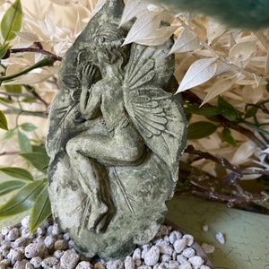 Sleeping Fairy on Leaf Statue | Concrete Handmade Faery Garden Decor
