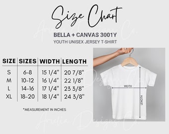 Bella Canvas Youth Kids Size Chart Instant Digital Download PNG File | Jersey Unisex Short Sleeve Shirt Mockup