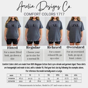May include: A size chart for t-shirts with different fit options: fitted, regular, relaxed, and oversized. The chart shows the measurements in inches for each size, from small to 4XL. The chart also includes a description of each fit option. The model is 5'8" and wears a size 10.