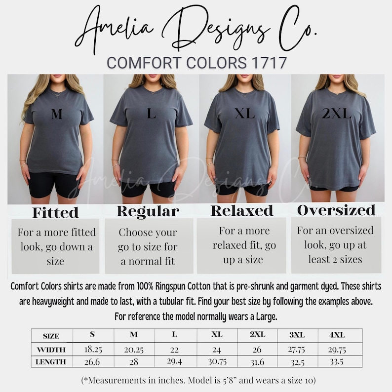 May include: A size chart for t-shirts with different fit options: fitted, regular, relaxed, and oversized. The chart shows the measurements in inches for each size, from small to 4XL. The chart also includes a description of each fit option. The model is 5'8" and wears a size 10.