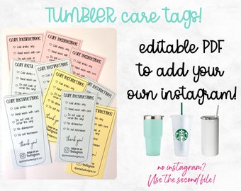 Editable Care Instructions Tags File for Starbucks Cold Cup & Tumblers - PDF Digital Download | Ready to Print with Personalized Instagram