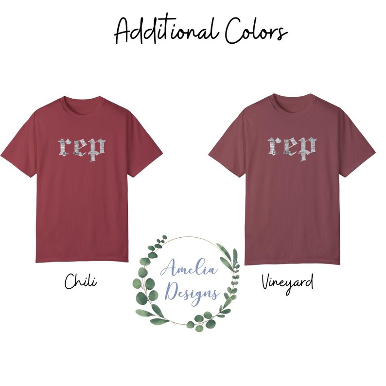以下が含まれることがあります： 「rep」とプリントされたTシャツが2枚。Tシャツの色はチリとブドウ園です。
