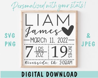 Personalized Baby Birth Announcement Stats Sign - Newborn Gift / Nursery Decor - Print Cut File SVG PNG JPEG File Digital Download