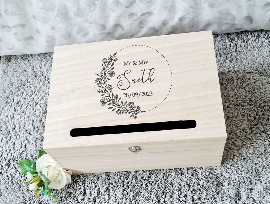 Personalized Wooden Wedding Card Box: Rose Circle, Lockable Memory Box ...