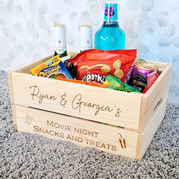 Gift for them - movie night snack crate, personalised name wooden crate fully personalisable. Night in gift