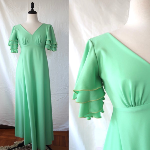 vintage 1970s Priscilla of Boston Butterfly Sleeve Gown Green XS