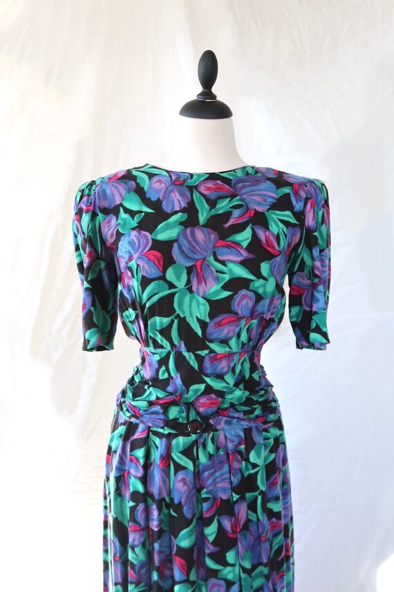 Vintage 1980s Floral Dress Purple and Teal - image 2