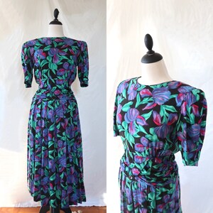 Vintage 1980s Floral Dress Purple and Teal