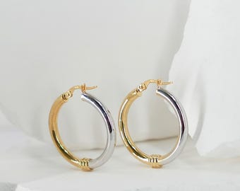 Two-Tone Hoop Earrings, 14k Yellow & White Gold Hoops, Round Shiny Hoops, Medium Size