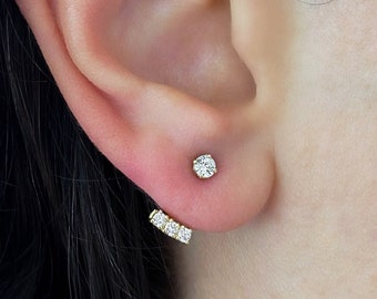 14k Solid Gold Three-Stone Diamond Jacket Earrings 1/2 ct. tw. - Front Back Earrings - Diamond Ear Jackets - Delicate Earring - Gift for Her