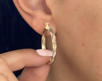 14k Tri-Color Gold Hoop Earrings - Italian Gold Hoops - Shiny Faceted Hoops - Twisted Hoop Earrings - Basket Weave Hoops - Size Options