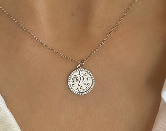 Libra Diamond Necklace, Gold Medallion Zodiac Pendant, Astrology Jewelry, Medallion Necklace
