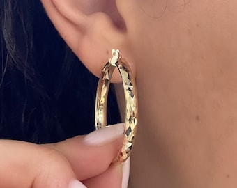 14k Gold Hoop Earrings - Hollow Italian Gold Hoops - Shiny Diamond-Cut Hoops - Faceted Gold Earrings - Textured Round Hoops - Various Sizes