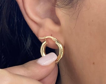 14k Yellow Gold Hoop Earrings, Hollow Gold Huggies, Small Round Hoops, Gold Tube Hoops
