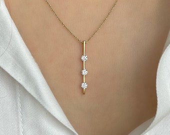 Vertical Bar Pendant Necklace With Lab Diamonds, Linear Past Present Future Pendant, Gold  3 Stone Necklace