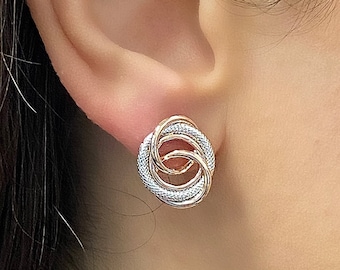 14k Gold Multiple Love Knot Stud Earrings - Unique Knot Earrings - Textured Gold Earrings - Italian Gold Circle Studs- Multi Circle Earrings