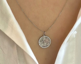 Taurus Coin Pendant With Natural Diamonds, Gold Medallion Necklace, Zodiac Jewelry Gift For Taurus