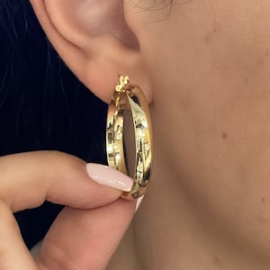 14k Gold Hoop Earrings - Italian Gold Earrings - Flat Wide Hoops - Yellow Gold Round Hoops - Hollow Gold Hoops- Shiny Classic Hoops- 2 Sizes