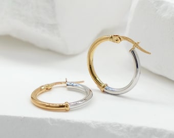 14k Two-Tone Gold Small Thin Hoop Earrings - Hollow Italian Gold Earrings - Yellow and White Gold Hoop Earrings - Shiny Hoops - Round Hoops