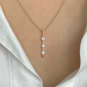 14k Solid Gold Diamond Vertical Bar Necklace - 3 Stone Vertical Line Pendant- Diamond Gold Bar Necklace- Three Round Diamond Linear Necklace