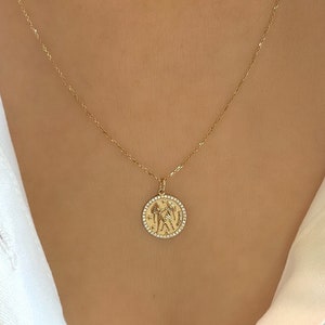 14k Solid Gold Medallion Diamond Zodiac Pendant Necklace - Gemini Necklace - Dainty Zodiac Jewelry - Medallion Necklace - Horoscope Necklace