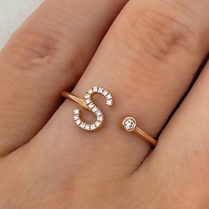 14k Solid Gold Open Cuff Initial Letter S Diamond Ring - Dainty Initial Letter Ring - Name Letter Ring - Alphabet Ring - Personalized Gift
