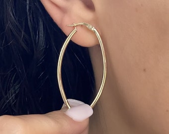 14k Yellow Gold Hoop Earrings - Italian Gold Hollow Hoops - V-Shaped Earrings - Oblong Geometric V-Hoops - Polished Oval Hoops - Thin Hoops