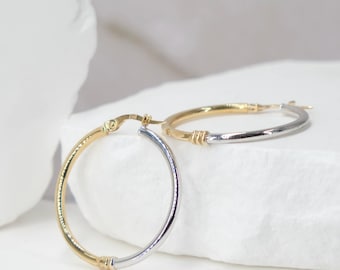 14k Two-Tone Gold Thin Hoop Earrings - Hollow Italian Gold Earrings - Yellow & White Gold Hoop Earrings - Round Hoops - Shiny Hoops - Medium