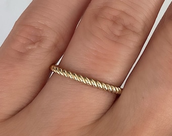 Solid Gold Twist Ring, 2.0mm Thin Dainty Band, Real Gold Twisted Stacking Ring, Slim Braid Ring