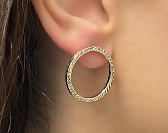 14k Gold Open Circle Stud Earrings - Large Circle Drop Stud Earrings - 14k Yellow Gold Diamond-Cut Circle Earrings - Gold Rope Design Studs