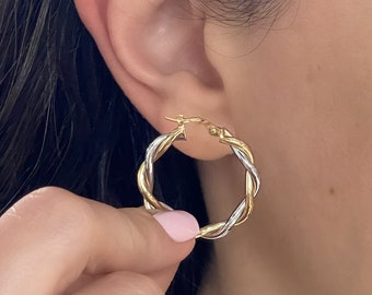 Yellow & White Gold Hoops, 14k Two-Tone Gold Hoop Earrings, Hollow Design, Thick Braided Earrings, Twisted Hoops