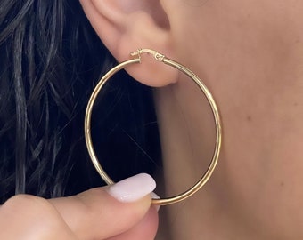 14k Gold Hoop Earrings - Hollow Italian Gold Earrings - Classic Round Hoops - Lightweight Shiny Gold Hoops - 47mm - Various Sizes Available