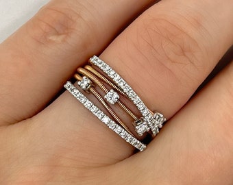 14k Solid Gold Diamond Criss Cross Ring - Diamond Cross Over Band - Multi-Band Stacked Ring - Coil Wire Ring - Multi-Row Anniversary Ring