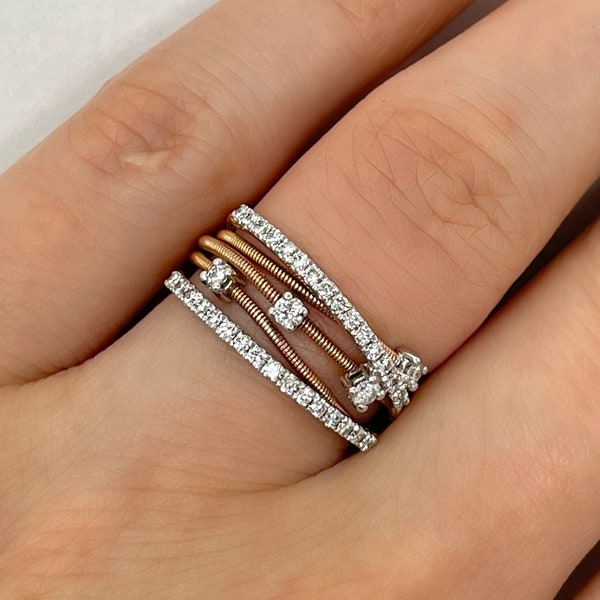 14k Solid Gold Diamond Criss Cross Ring - Diamond Cross Over Band - Multi-Band Stacked Ring - Coil Wire Ring - Multi-Row Anniversary Ring